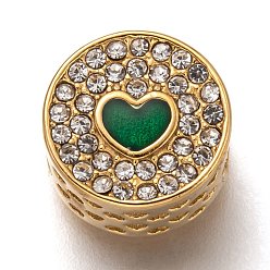 Verde 304 de acero inoxidable de cuentas europeo, abalorios de grande agujero, con esmalte y diamantes de imitación de cristal, plano y redondo con corazón, dorado, verde, 11.5x7.5 mm, agujero: 4.5 mm