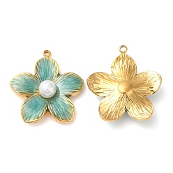 Dark Sea Green 304 Stainless Steel Enamel Pendants, with ABS Imitation Pearl, Real 18K Gold Plated, Flower Charm, Dark Sea Green, 22x20.5x6mm, Hole: 1.4mm