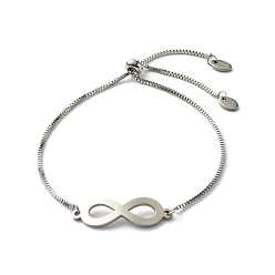 Stainless Steel Color Infinity Symbol Charm Adjustable Slider Bracelet for Men Women, with 316 Surgical Stainless Steel Venice Chains, Stainless Steel Color,  Inner Diameter: 1/2~3 inch(1.3~7.6cm)