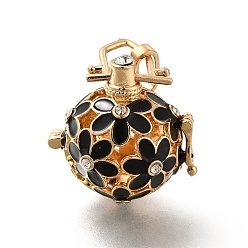 Black Alloy Crystal Rhinestone Bead Cage Pendants, Hollow Flower Charm, with Enamel, for Chime Ball Pendant Necklaces Making, Golden, Black, 34mm, Hole: 6x3mm, Bead Cage: 26x25x21mm, 18mm Inner Size