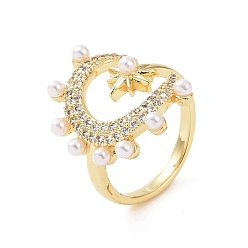 Real 18K Gold Plated Brass Micro Pave Cubic Zirconia Open Rings, Moon & Star with Plastic Imitation Pearl Cuff Rings for Women, Real 18K Gold Plated, 2.5mm, Inner Diameter: US Size 6 3/4(17mm)