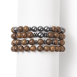 Camel 4Pcs 4 Style Natural Wenge Wood & Synthetic Hematite Beaded Stretch Bracelets Set for Women, Camel, Inner Diameter: 2 inch(5.1cm), 1Pc/style