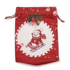 Bonhomme de neige Sacs en tissu rectangulaires sur le thème de Noël avec cordon de jute, poches à cordon, pour emballage cadeau, bonhomme de neige, 19x16x0.6 cm