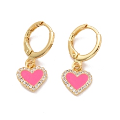 Real 18K Gold Plated Clear Cubic Zirconia Heart Dangle Leverback Earrings with Pink Enamel, Rack Plating Brass Jewelry for Women, Cadmium Free & Lead Free, Real 18K Gold Plated, 22.5mm, Pin: 0.8mm