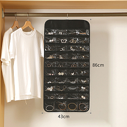 Black 80-Pocket Rectangle Foldable Non-woven Fabric Jewelry Roll, Wall-Mounted Jewelry Hanging Organizers for Pendants, Earrings, Rings, Bracelets Storage, Black, 86x43cm