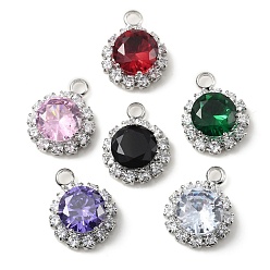 Mixed Color Brass with K9 Glass & Rhinestone Pendants, Platinum, Flat Round Charms, Mixed Color, 15x12x6.5mm, Hole: 2.3mm