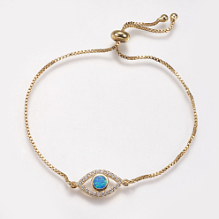 Deep Sky Blue Adjustable Brass Bolo Bracelets, Slider Bracelets, with Synthetic Opal and Cubic Zirconia, Eye, Golden, Deep Sky Blue, 8-3/4 inch(222mm), 1mm, Link: 20x9x3mm