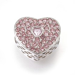 Light Rose 304 Stainless Steel European Beads, Large Hole Beads, with Rhinestone, Heart, Stainless Steel Color, Light Rose, 10x11x7mm, Hole: 4mm