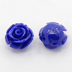 Bleu Corail synthétique 3 d fleur rose perles, teint, bleu, 14~15x9mm, Trou: 1.5mm