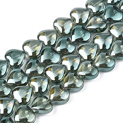 Olive Drab Electroplate Glass Beads Strands, Pearl Luster Plated, Heart, Olive Drab, 9~10x10x5.5mm, Hole: 0.8mm, about 70~71pcs/strand, 25.20 inch~ 26.38 inch(64~67cm)