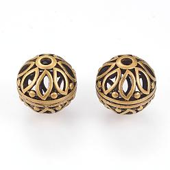 Brushed Antique Bronze Brass Beads, Hollow, Round with Flower, Brushed Antique Bronze, 16mm, Hole: 3mm
