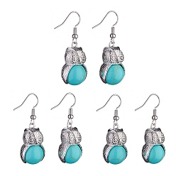 Synthetic Turquoise Synthetic Green Turquoise Owl Dangle Earrings, Platinum Brass Jewelry for Women, 41mm, Pin: 0.6mm