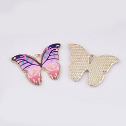 Pearl Pink Printed Alloy Pendants, with Enamel, Butterfly, Light Gold, Pearl Pink, 15.5x22x2mm, Hole: 1.8mm