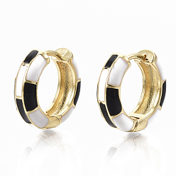 Black Brass Huggie Hoop Earrings, with Two Tone Enamel, Real 18K Gold Plated, Black, 16x16.5x5mm, Pin: 1x1mm