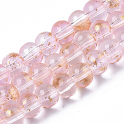 Pink Transparent Spray Painted Glass Bead Strands, with Golden Foil, Round, Pink, 4~5mm, Hole: 0.9~1.2mm, about 95~103pcs/Strand, 13.78 inch~14.88 inch(35~37.8cm)