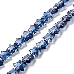 Prussian Blue Transparent Glass Beads Strand, Star, Prussian Blue, 10x10x4mm, Hole: 0.8mm, about 40pcs/strand, 13.39~14.17 inch(34~36cm)