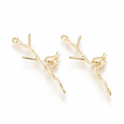 Real 18K Gold Plated Brass Links connectors, Branch with Bird, Nickel Free, Real 18K Gold Plated, 34x13x1.5mm, Hole: 1mm