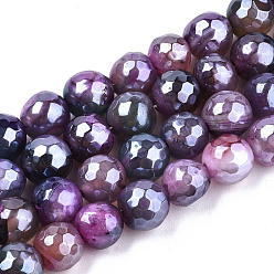 Pourpre Moyen Galvanoplastie perles en agate naturelle brins, teint, facette, perle plaquée lustre, ronde, support violet, 8.5x7~8mm, Trou: 1.2mm, Environ 47~48 pcs/chapelet, 13.78 pouces~13.98 pouces (35cm~35.5cm)