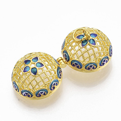 Золотой Подвески из латуни, для ожерелья, с эмалью и железными кольцами, полый круглый с цветком, золотые, 21.5x18x20.5 мм, отверстие : 4 мм, внутренней меры: 15.5 мм