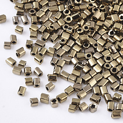 Vara de Oro Galvanoplastia 12/0 cuentas de semillas de vidrio, agujero cuadrado, cubo, vara de oro, 2~6x2x2 mm, agujero: 0.8 mm, sobre 30000 unidades / bolsa