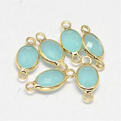 Pale Turquoise Oval Faceted Golden Brass Glass Links connectors, Pale Turquoise, 15x7x3.2mm, Hole: 1mm