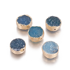 Blue Natural Druzy Agate Beads, with Brass Findings, Dyed, Flat Round, Golden, Blue, 12x6mm, Hole: 1mm