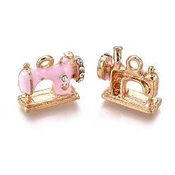 Perlas de Color Rosa Colgantes de la aleación, con esmalte y diamantes de imitación de cristal, máquina de coser, dorado, rosa perla, 13.5x16x6 mm, agujero: 2 mm