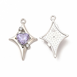 Lilac Rack Plating Alloy with Glass Pendants, Star with Heart Charms, Platinum, Cadmium Free & Nickel Free & Lead Free, Lilac, 30.5x19.5x5mm, Hole: 1.8mm