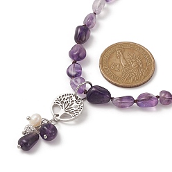 Amethyst Natural Amethyst & Pearl & Cubic Zirconia Tree of Life Pendant Necklace, 316 Surgical Stainless Steel Jewelry, 15.91 inch(40.4cm)