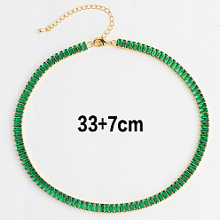 Green Cubic Zirconia Classic Tennis Necklace, Golden Brass Rectangle Link Chain Necklaces, Green, 12.99 inch(33cm)