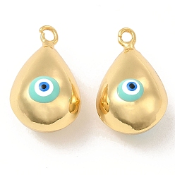 Pale Turquoise Brass Pendants, with Enamel, Real 18K Gold Plated, Long-Lasting Plated, Teardorp with Evil Eye Charm, Pale Turquoise, 26x15.5x15mm, Hole: 2.6mm