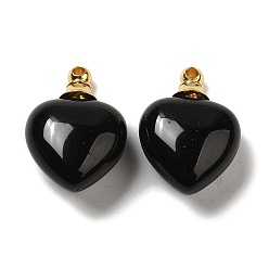 Obsidian Natural Obsidian Perfume Bottle Pendants, Heart Charms with Golden Plated 304 Stainless Steel Findings, 28x20x12mm, Hole: 2mm