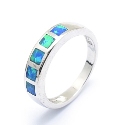 Platinum Synthetic Opal Finger Rings, with Brass Findings, Long-Lasting Plated, Size 7, Dodger Blue, Platinum, 17.5mm
