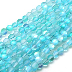 Cyan Synthetic Moonstone Beads Strands, Holographic Beads, Half AB Color Plated, Frosted, Round, Cyan, 8mm, Hole: 1mm, about 46pcs/strand, 15 inch
