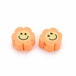 Sandy Brown Handmade Polymer Clay Beads, Flower with Smiling Face, Sandy Brown, 9~10x8~9x4~5mm, Hole: 1.4~1.6mm