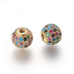 Golden Brass Micro Pave Cubic Zirconia Beads, Round, Colorful, Golden, 8x7.5mm, Hole: 2mm