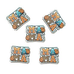 Sandy Brown Mother's Day Single Face Printed Aspen Wood Pendants, Word MAMA with Basketball & Leopard Print Charm, Sandy Brown, 42.5x48.5x2.5mm, Hole: 2mm