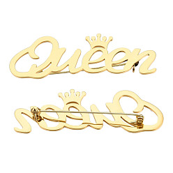 Golden 201 Stainless Steel Word Queen with Crown Lapel Pin, Creative Badge for Backpack Clothes, Nickel Free & Lead Free, Golden, 20x64x7mm, Pin: 0.7mm