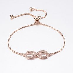 Rose Gold Adjustable Brass Bolo Bracelets, Slider Bracelets, with Cubic Zirconia and Box Chains, Infinity, Rose Gold, 10-5/8 inch(270mm)