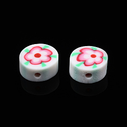 Creamy White Handmade Polymer Clay Beads, Flat Round with Flower, Creamy White, 9~10x4~4.5mm, Hole: 1.2~1.8mm