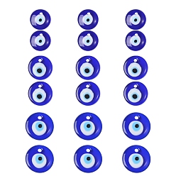 Синий Стеклянные подвески, плоский круг со злыми глазами, синие, 25~34.5x6~8 мм, 18 шт / коробка