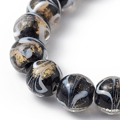 Noir Brins de perles au chalumeau de sable d'or faites à la main, ronde, noir, 11.5~12mm, Trou: 1.2~2mm, Environ 30 pcs/chapelet, 33~34 cm