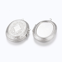 Stainless Steel Color 304 Stainless Steel Pendant Cabochon Settings, Locket Pendants, Photo Frame Charms for Necklaces, Oval, Stainless Steel Color, Tray: 26.5x35mm, 52x39x10mm, Hole: 2mm, Inner Size: 25x34mm