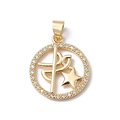 Real 18K Gold Plated Rack Plating Brass Micro Pave Clear Cubic Zirconia Pendants, Lead Free & Cadmium Free, Long-Lasting Plated, Real 18K Gold Plate, Flat Round with Star Charm, Real 18K Gold Plated, 20.5x18x2mm, Hole: 5x3mm