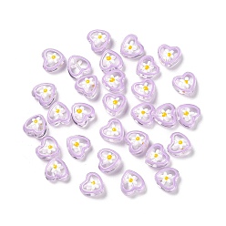 Plum Transparent Glass Beads, with Enamel, Heart with Flower Pattern, Plum, 12x12x6.5mm, Hole: 0.9mm