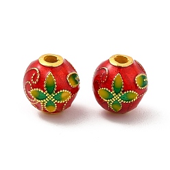 Rouge Perles en alliage, avec l'émail, or, ronde avec des fleurs, rouge, 9mm, Trou: 1.8mm