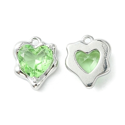 Светло-зеленый Латунные микро проложить кубического циркония прелести, шарма сердца, Реальная платина, светло-зеленый, 13x11x4.5 мм, отверстие : 1.2 мм