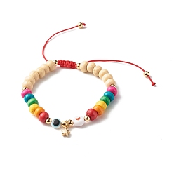 Colorful Evil Eye Star Heart Braided Bead Bracelet for Kid, Dyed Natural Wood Beads Adjustable Bracelet, Colorful, Inner Diameter: 1-7/8~3-3/8 inch(4.8~8.7cm)