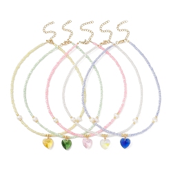 Color mezclado Collar con colgante de cristal en forma de corazón con perlas naturales y cadenas de cuentas de semillas, color mezclado, 14.88 pulgada (37.8 cm)