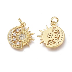 Real 18K Gold Plated Brass Micro Pave Clear Cubic Zirconia Pendants, with Jump Rings, Long-Lasting Plated, Moon & Sun, Real 18K Gold Plated, 15.5x14x2mm, Jump Ring: 4.3x0.8mm, Hole: 3mm